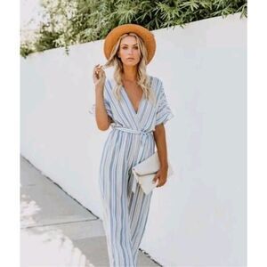 Crystal Sky Jumpsuits Rompers Striped Tie Pockets Cotton Blend Gray White Size S